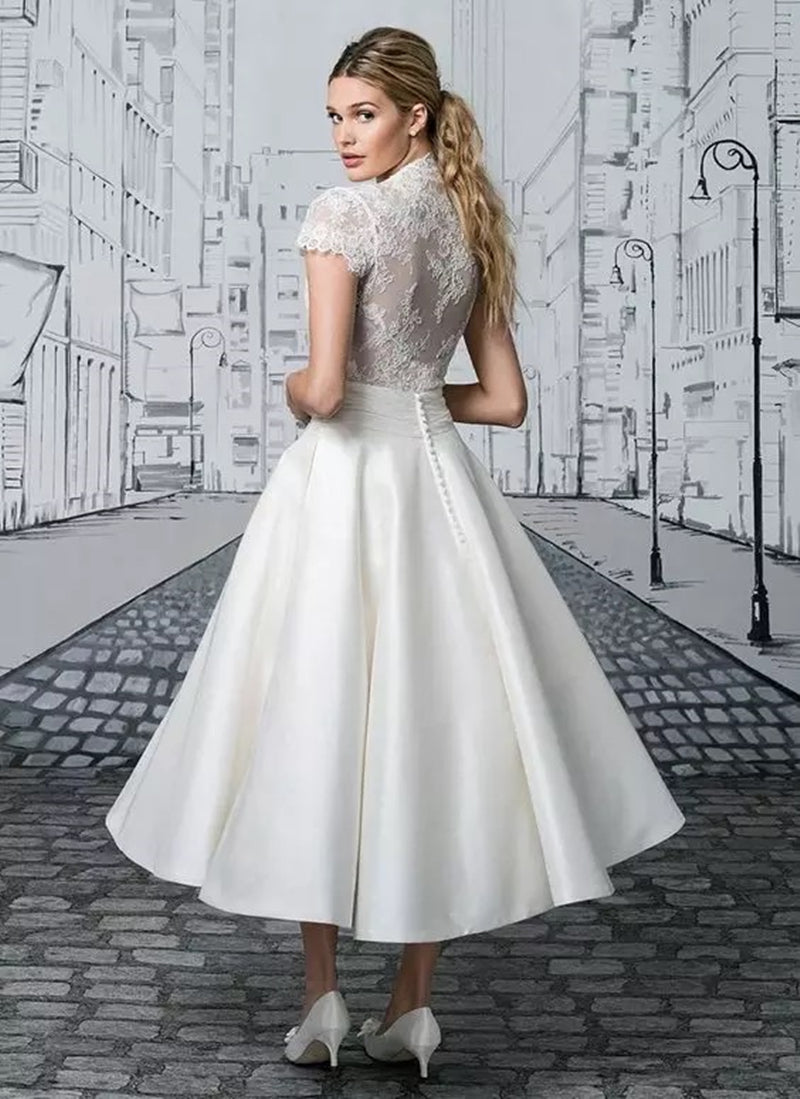 Short Wedding Dresses Tea Length Cap Sleeve V Neck Lace Appliques Button Elegant A Line Satin Civil Vintage Bridal Gown The Clothing Company Sydney