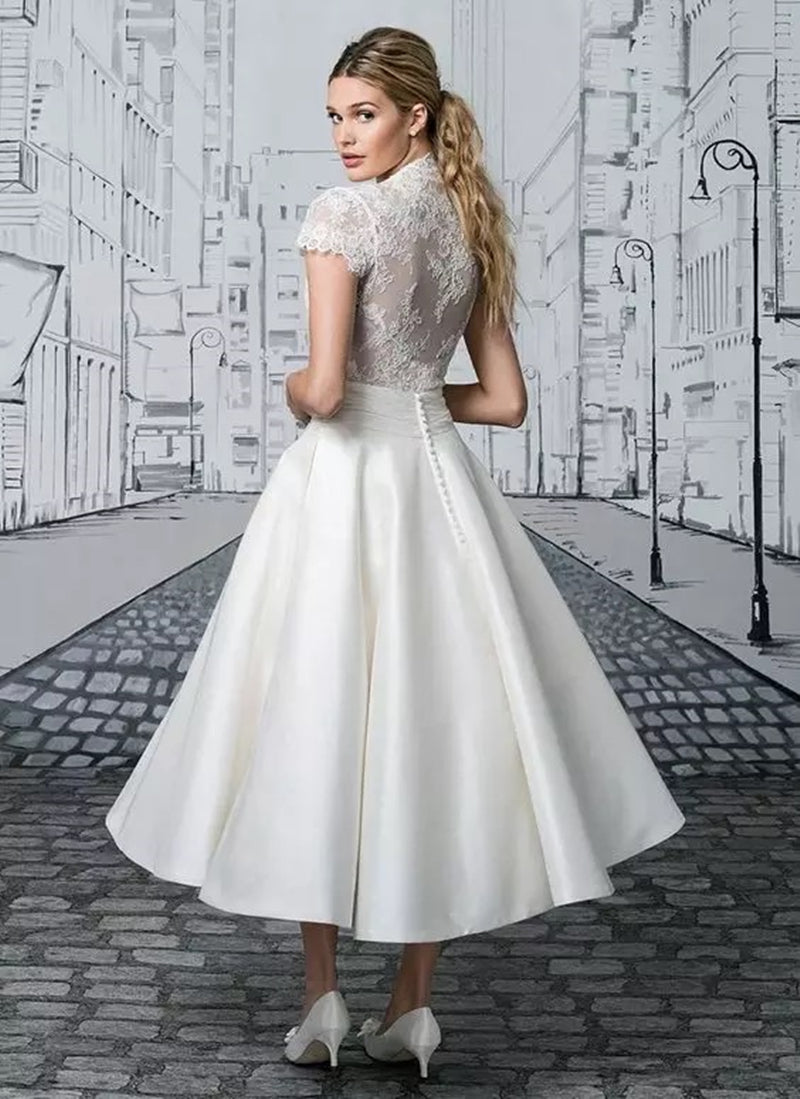 Short Wedding Dresses Tea-Length Cap Sleeve V-Neck Lace Appliques Button Elegant A-Line Satin Civil Vintage Bridal Gown The Clothing Company Sydney