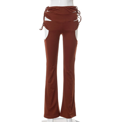 Side Hollow Out Lace Up High Waisted Flare White Brown Bottoms Trousers Fall Trendy Pants The Clothing Company Sydney