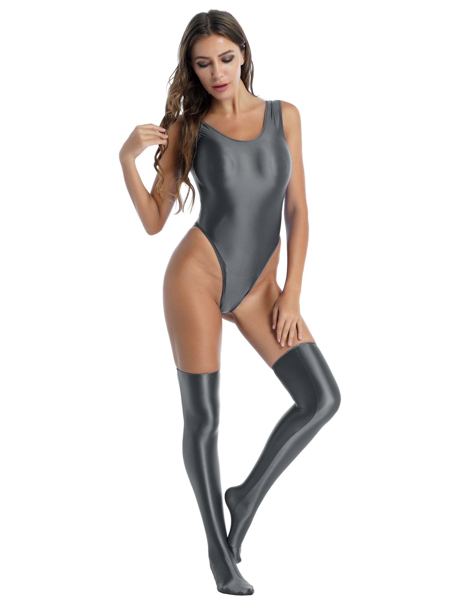 Women's Glossy Stretchy Swimming Suit Swimwear Swimsuit Sleeveless High Cut Slim Fit Bodysuit with Stocking Outfits Clubwear The Clothing Company Sydney