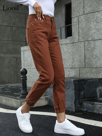 Women's Streetwear Cotton Elastic Waist Brown Jean Pants Women Denim Trousers With Pockets Spring Stretch Jeans The Clothing Company Sydney