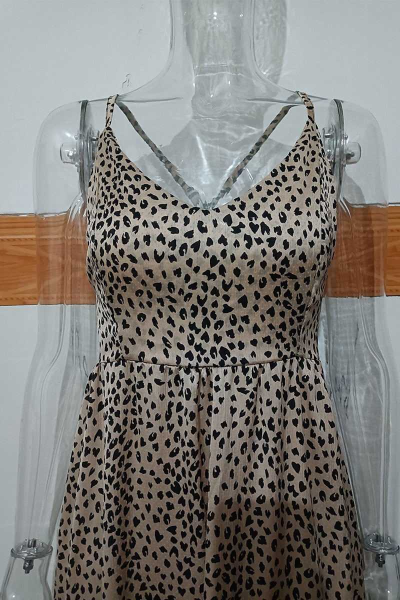 Leopard Print Spaghetti Strap Backless Dresses Vintage Ruffled Lace Up Party Maxi Dress The Clothing Company Sydney