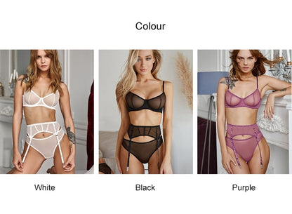 3 Piece Fashion Garter Lingerie Sets Mesh Transparent Thong Underwear Set G-String Womens Bra Sets Lace Bralette Set The Clothing Company Sydney