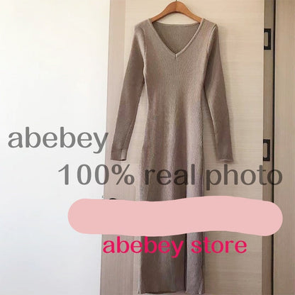 Long Sleeve slit sweater dress slim tight fitting hip knit over the knee dresses The Clothing Company Sydney