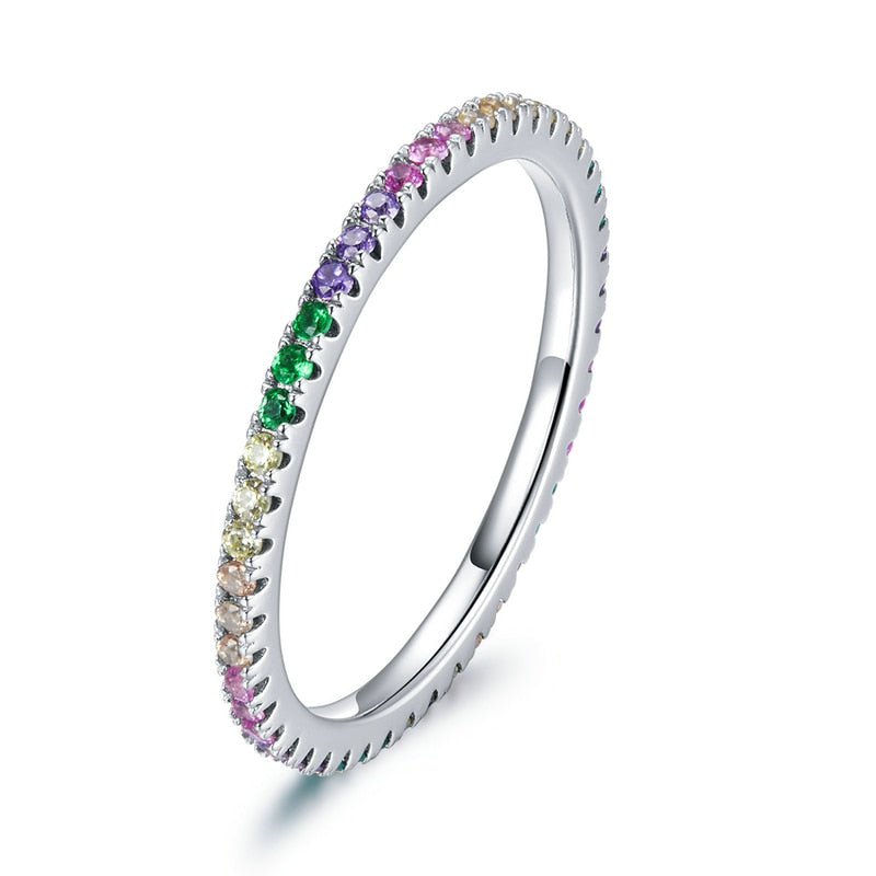 925 Sterling Silver Rainbow Color CZ Stackable Wedding Rings, Platinum Plated Elegant Finger Band Ring for Women The Clothing Company Sydney