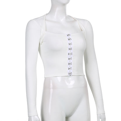 Streetwear Square Neck Hook Cotton Aututmn T-shirts Bodycon Gothic White Crop Tops Tees Long Sleeve T shirt The Clothing Company Sydney