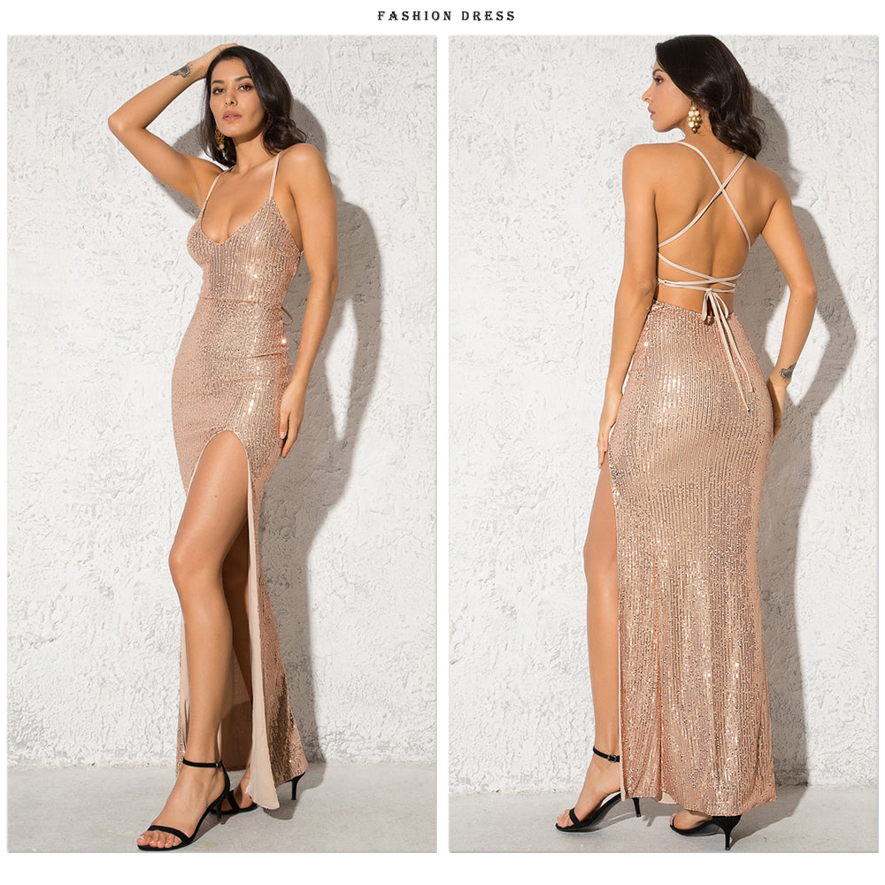 Sexy V Neck Lace Up Sequined Cocktail Party Dress Backless Split Leg Sleeveless Summer Long Dresses Evening Wedding Gown The Clothing Company Sydney