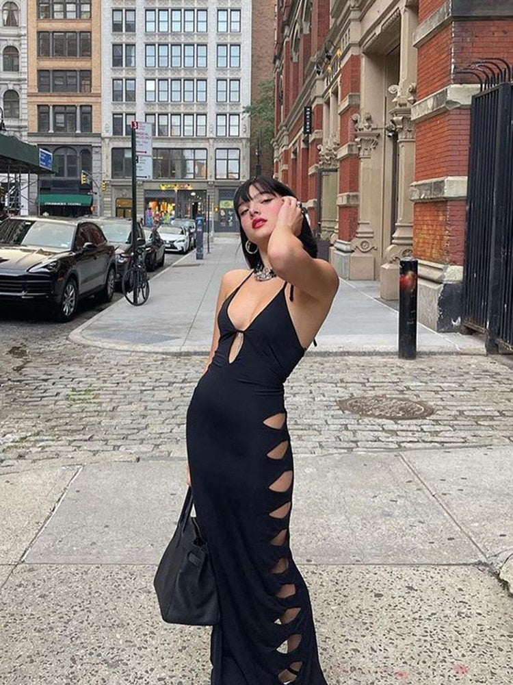 Cryptographic Cut Out Backless Halter Maxi Dress Bodycon Fashion Outfits Long Dresses Elegant Club Party Dress The Clothing Company Sydney