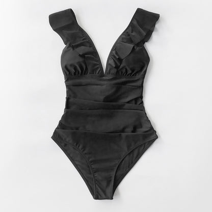 Solid Black Ruffled One-piece Swimsuit Lace Up Monokini Swimwear Beach Bathing Suits The Clothing Company Sydney