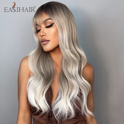 Ombre Gray Ash Wavy Wigs with Bang Light Blonde Platinum Synthetic Long Hair for Women Daily Party Heat Resistant Fiber Wigs The Clothing Company Sydney
