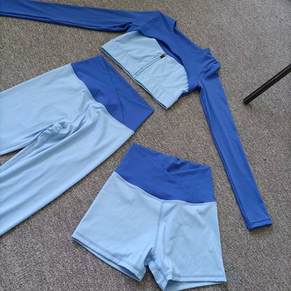 Layered Look Long Sleeve Yoga Crop Top Wrap V Waist Leggings Layered Cut Out Sports Bra Contrast Waist Shorts The Clothing Company Sydney