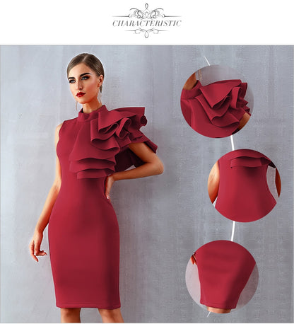 Summer Wine Red Celebrity Evening Runway Party Dress Sleeveless Ruffles Bodycon Midi Night Club Dress The Clothing Company Sydney