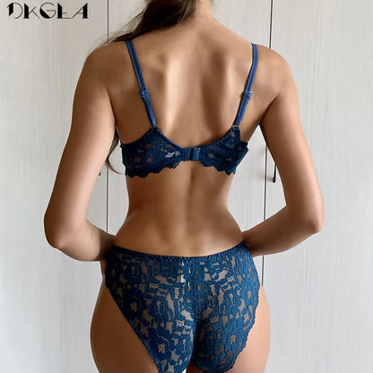 2 Piece Embroidery Underwear Set Lace Blue Brassiere A B C Cup Push Up Bra and Panties Set Brand Lingerie Deep V Bra The Clothing Company Sydney
