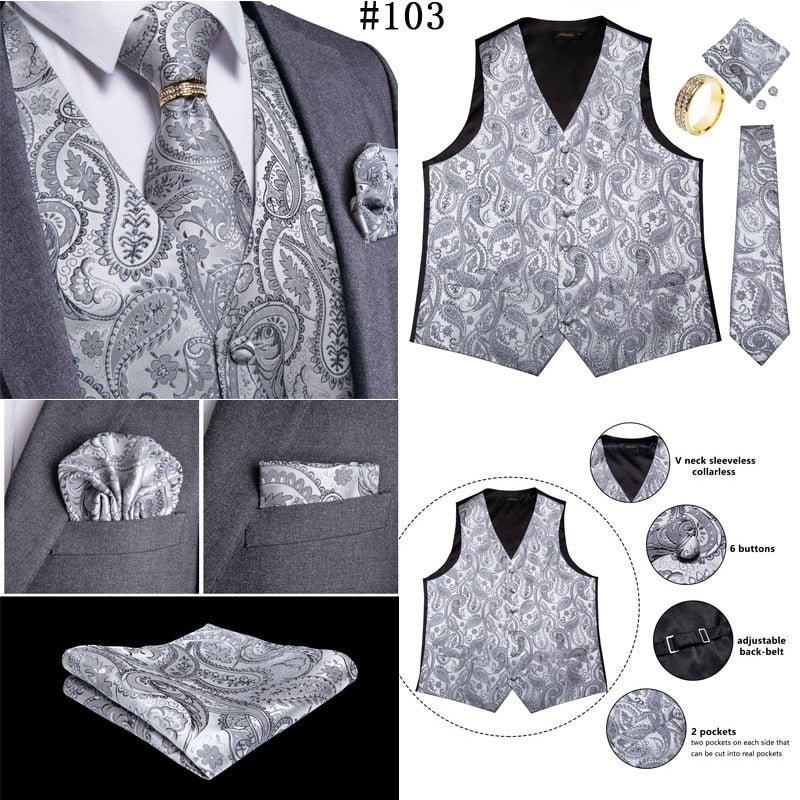 5 Piece Classic Black Wedding Vest for Men Silk Suit Vest Tie Ring Cufflinks Hanky Set for Party Formal Dress Business Casual Waistcoat The Clothing Company Sydney