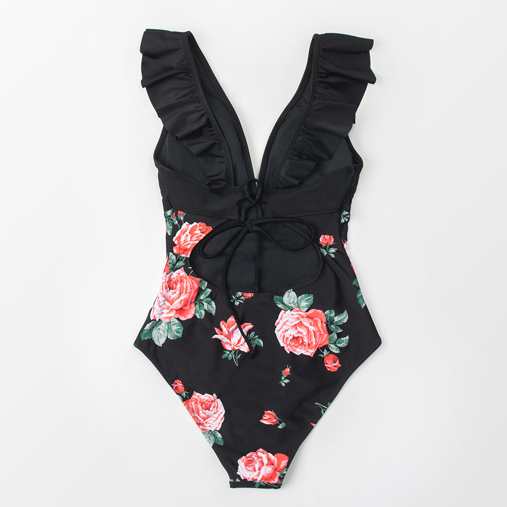 Solid Black Ruffled One-piece Swimsuit Lace Up Monokini Swimwear Beach Bathing Suits The Clothing Company Sydney