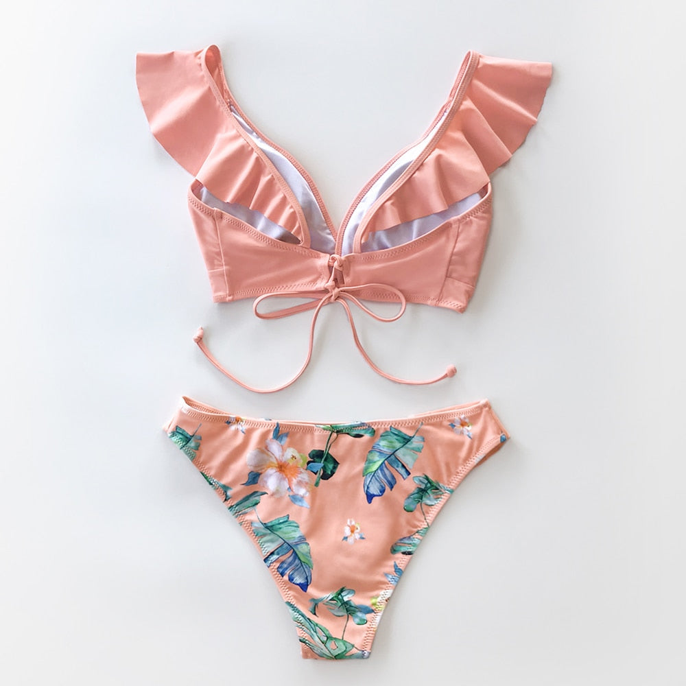 Tropical Pink Ruffle Bikini Sets Lace Up Low-waist Swimsuit Two Piece Swimwear Beach Bathing Suits The Clothing Company Sydney