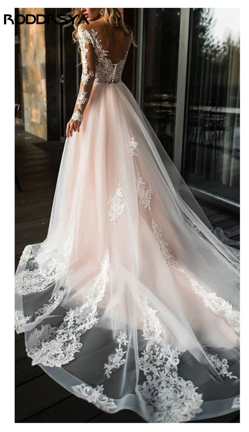 A-Line Wedding Dress Scoop Long Sleeves Lace Appliques Tulle Boho Wedding Gowns Train Vestido De Novia The Clothing Company Sydney