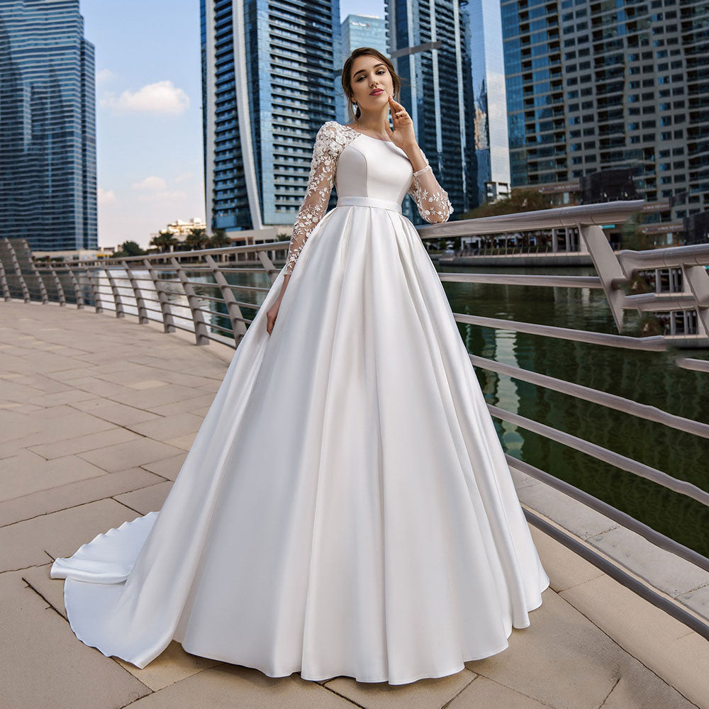 Lace Long Sleeve Satin Bride Dress With Belt Women Elegant Wedding Party Gowns Dress The Clothing Company Sydney