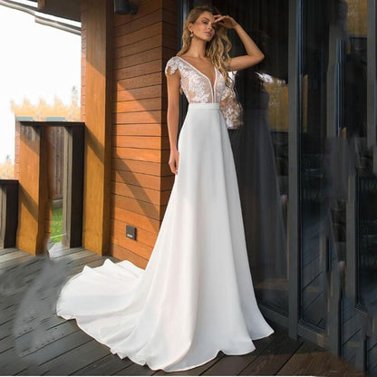 Elegant Satin V-neck A-line Wedding Dresses Boho Bridal Gowns Backless Vestido de noiva Plus size Wedding Dress The Clothing Company Sydney