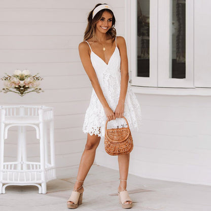 V-Neck Hollow Out Long Sleeve Mini Lace Dress Elegant White Boho Dress Casual Lace Vestido Robe Dress The Clothing Company Sydney