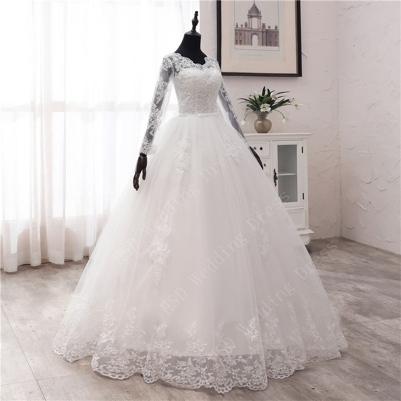 Spring Lace Appliques Wedding Dresses Long Sleeve White V-Neck Princess Bride Wedding Gowns Plus Size The Clothing Company Sydney