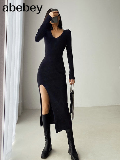 Long Sleeve slit sweater dress slim tight fitting hip knit over the knee dresses The Clothing Company Sydney