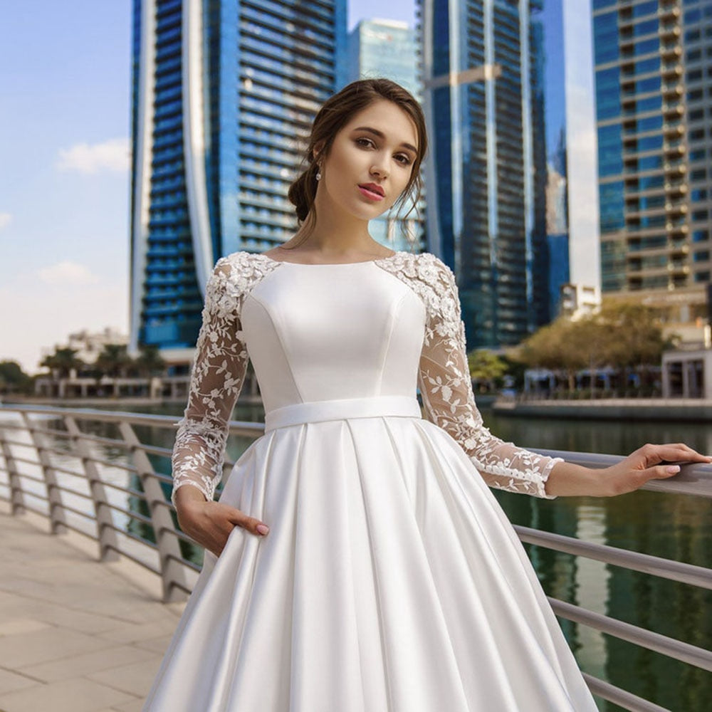 Lace Long Sleeve Satin Bride Dress With Belt Women Elegant Wedding Party Gowns Dress The Clothing Company Sydney