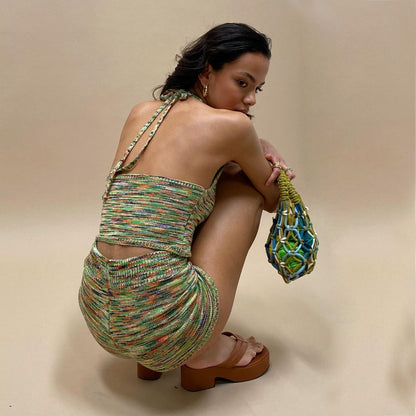 Rainbow Print Halter Cut Out Crop Top and Shorts 2 Piece Matching Set Club Fashion Outfits Loungewear Set The Clothing Company Sydney