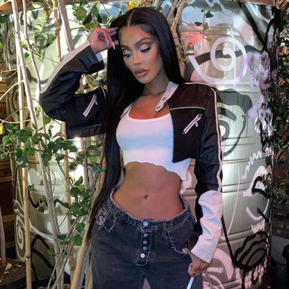 Streetwear Punk Style Patchwork Cropped PU Leather Jacket Women Zipper Autumn Winter Jacket Contrast Color Basic Coat The Clothing Company Sydney