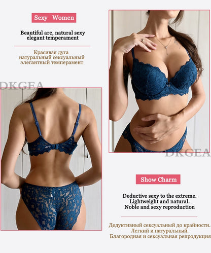 2 Piece Embroidery Underwear Set Lace Blue Brassiere A B C Cup Push Up Bra and Panties Set Brand Lingerie Deep V Bra The Clothing Company Sydney