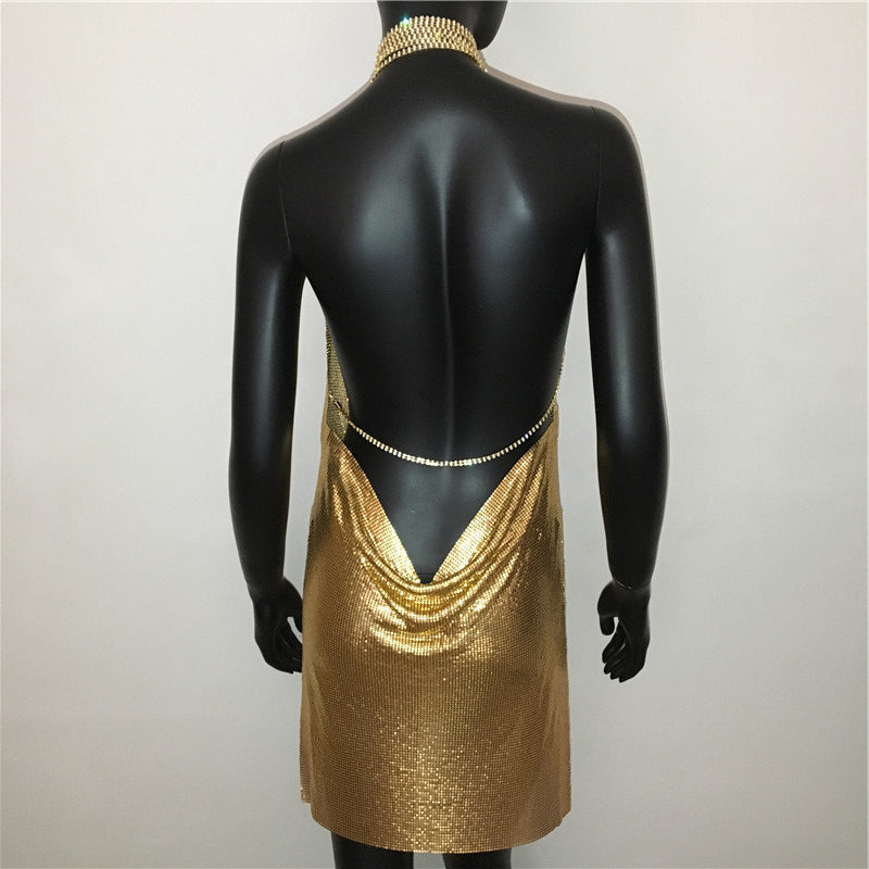 Gold Sequined Patchwork Mini Dress Women Sleeveless Low Cut Metal Chains Halter Slim Charming Nightclub Party Dresses The Clothing Company Sydney