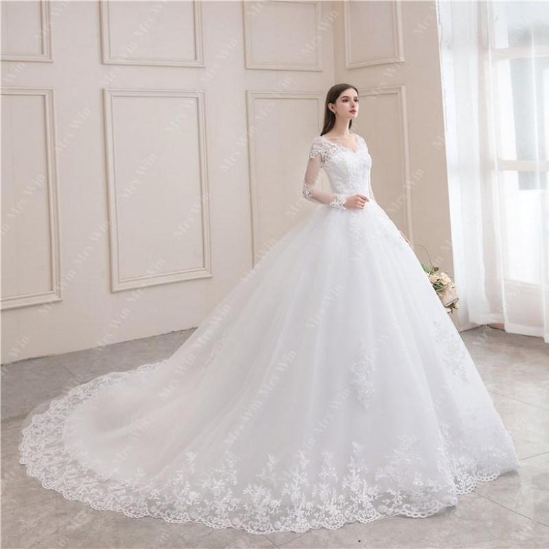 Luxury Full Sleeve V-neck Bride Dress With Train Ball Gown Princess Classic Wedding Gowns Wedding Dress The Clothing Company Sydney