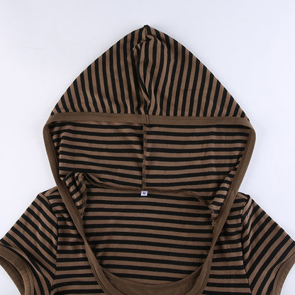 Y2K Striped Crop Top Hooded Short Sleeve T Shirt Women's Cute Retro Brown Summer Tee Casual Tshirt The Clothing Company Sydney