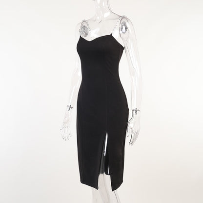 Elegant Chain Strapless Sleeveless Solid Basic Split Knee-Length Bodycon Summer Young Style Dress The Clothing Company Sydney