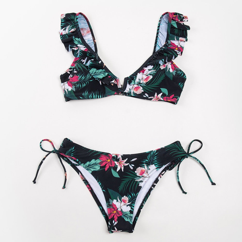 Black Floral Ruffled V-neck Bikini Sets Swimsuit Lace Up Two Pieces Swimwear Beach Bathing Suits The Clothing Company Sydney