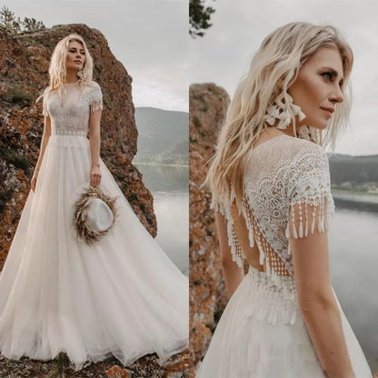 Bohemain Lace Wedding Dresses With Tassel Boat Neck Short Sleeve Backless Sweep Train Boho A-Line Tulle Bridal Gown The Clothing Company Sydney