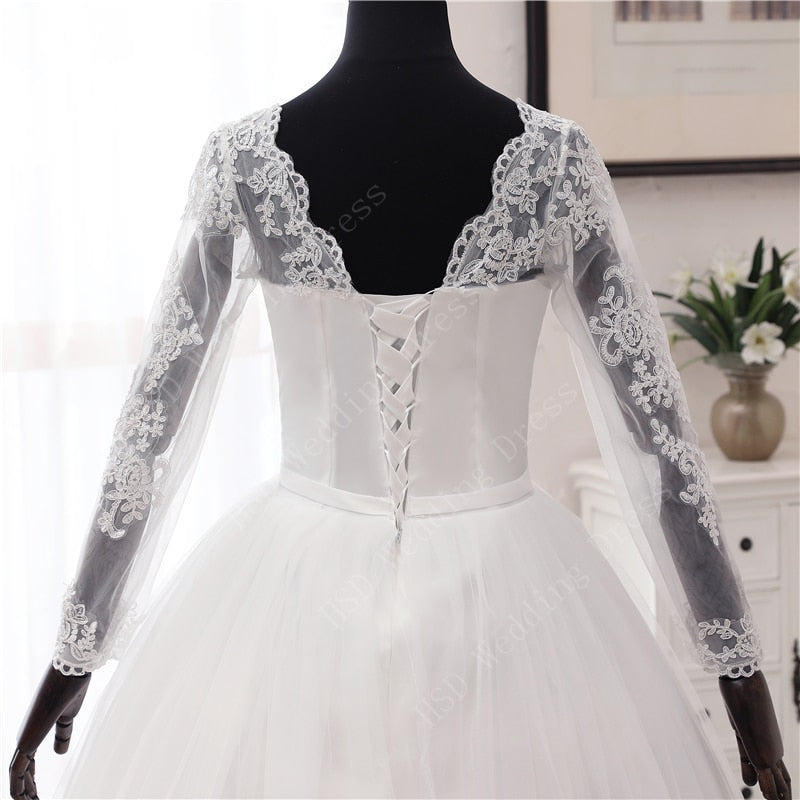 Lace Appliques Wedding Dresses White Long Sleeve Tulle Bridal Gowns Plus  Size
