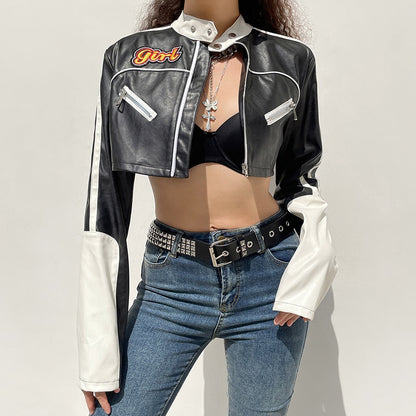 Streetwear Punk Style Patchwork Cropped PU Leather Jacket Women Zipper Autumn Winter Jacket Contrast Color Basic Coat The Clothing Company Sydney
