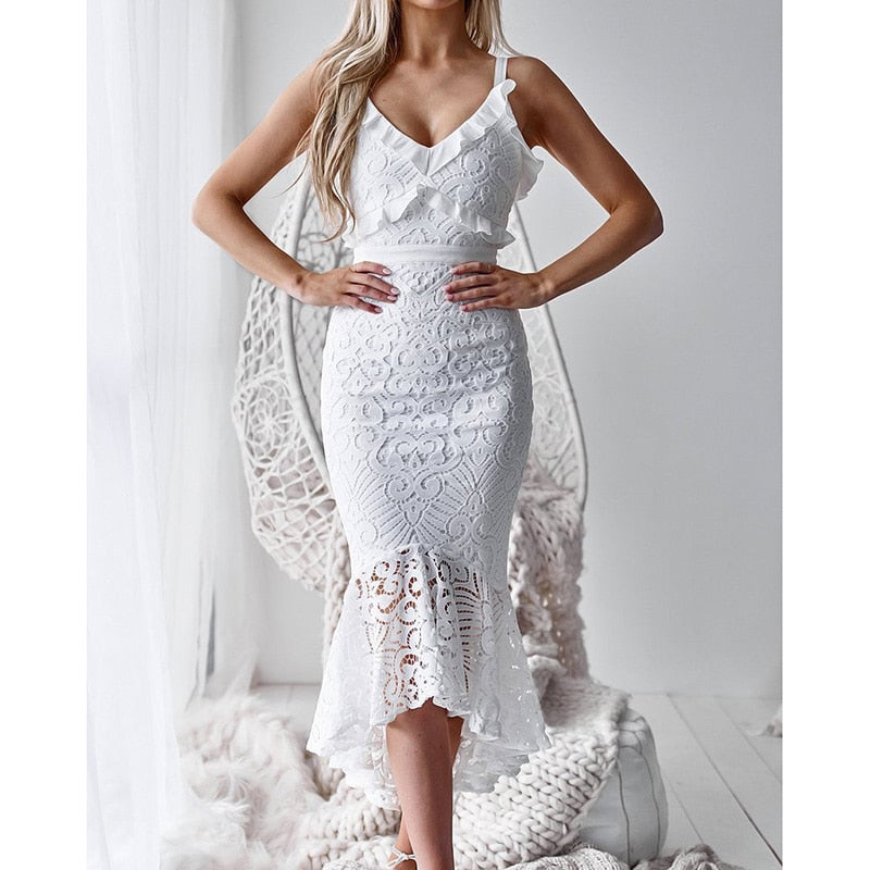 Summer White Lace Long Dress Spaghetti Strap Ruffle Sexy Bodycon Party Dress The Clothing Company Sydney