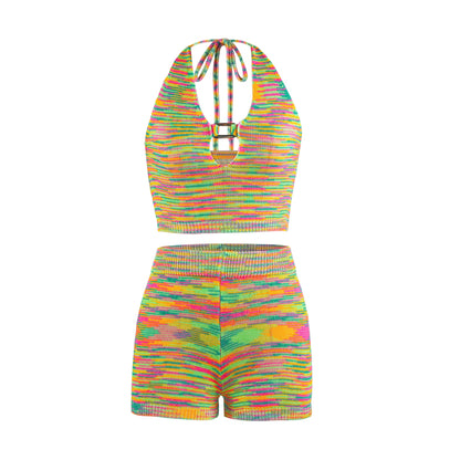 Rainbow Print Halter Cut Out Crop Top and Shorts 2 Piece Matching Set Club Fashion Outfits Loungewear Set The Clothing Company Sydney