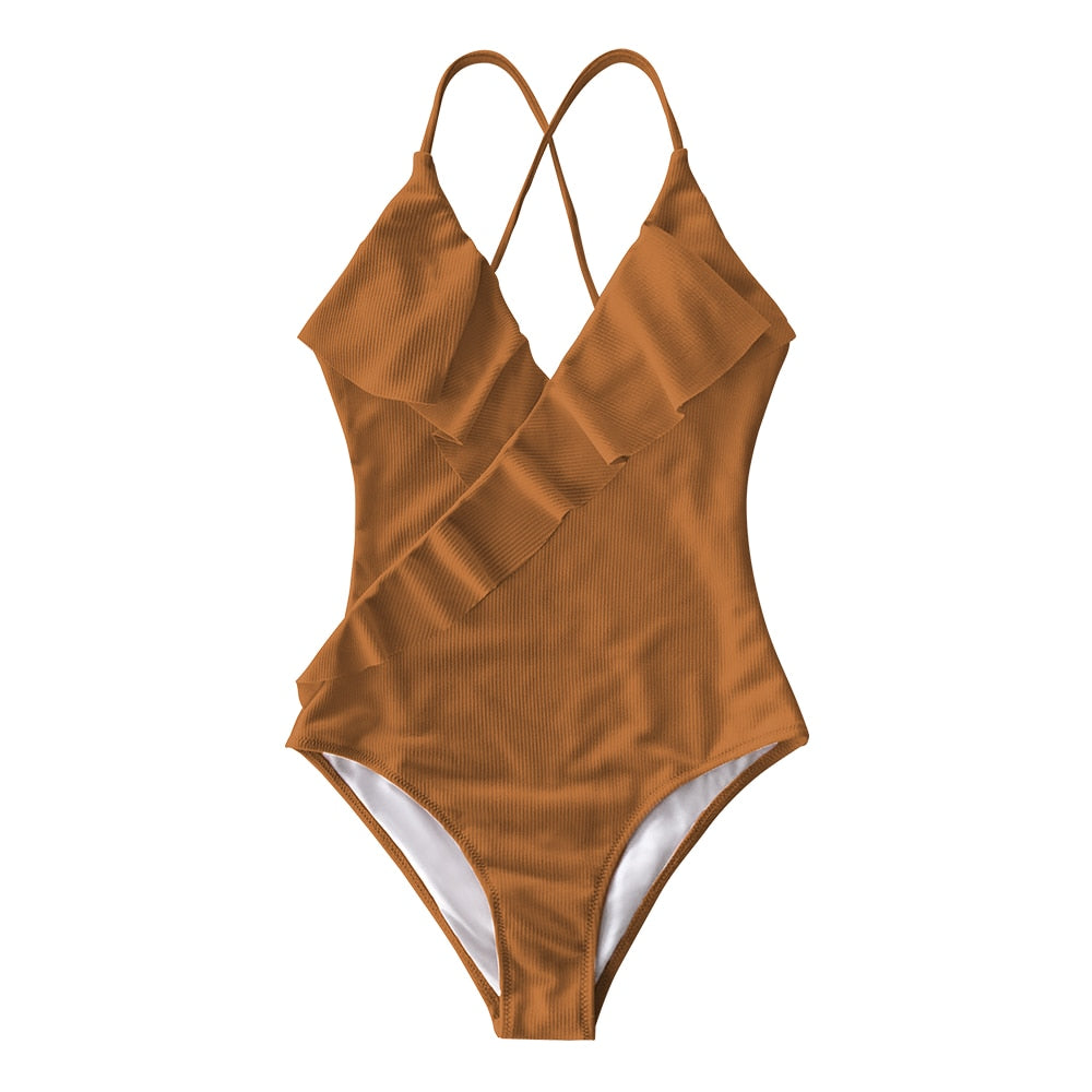 Solid One-piece Swimsuit Falbala V neck Ruffle Monokini  Beach Bathing Suit Swimwear The Clothing Company Sydney