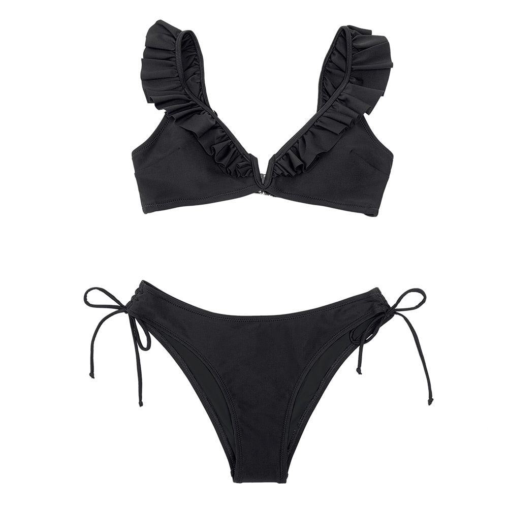 Black Floral Ruffled V-neck Bikini Sets Swimsuit Lace Up Two Pieces Swimwear Beach Bathing Suits The Clothing Company Sydney