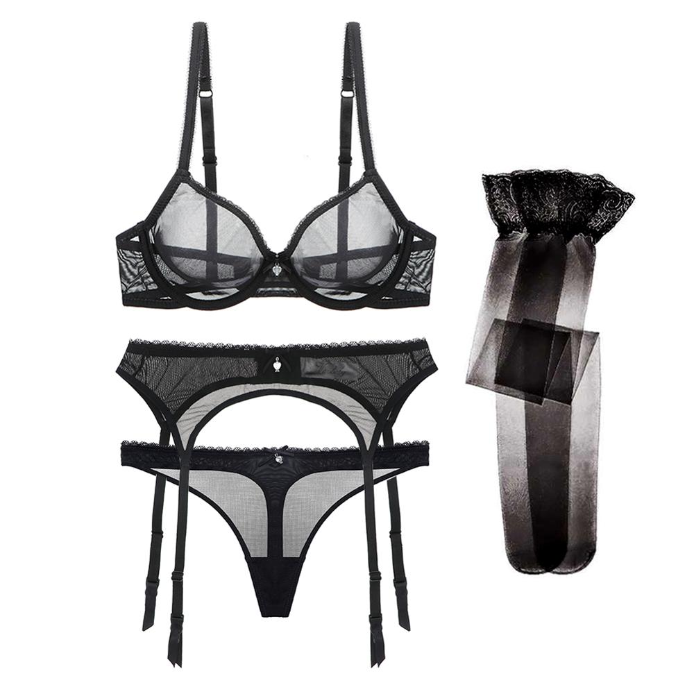 Ultra-thin transparent yarn lingerie set bras+garters+thongs+stockings 4 piece set The Clothing Company Sydney