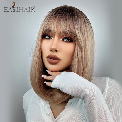 Short Straight Bob Wigs with Bang Golden Brown Natural Synthetic Hair for Women Daily Cosplay Heat Resistant Fiber Wigs The Clothing Company Sydney