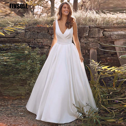 Sleeveless Strap A-Line Deep V Neck Wedding Dress Simple Satin Court Train Wedding Bride Dress The Clothing Company Sydney