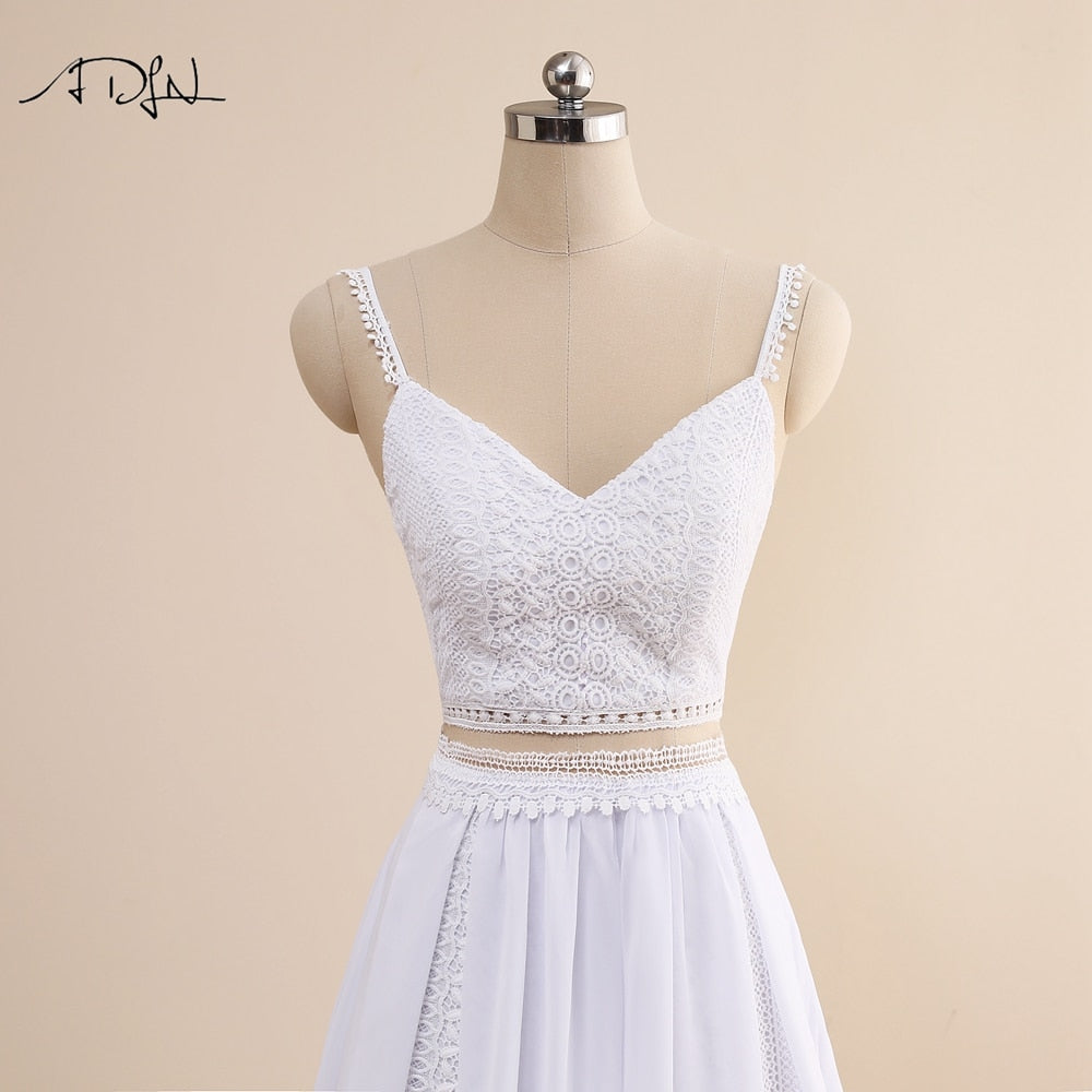 Charming Two Piece Boho Spaghetti Straps White/Ivory Chiffon Beach Bridal Gown Wedding Dress The Clothing Company Sydney