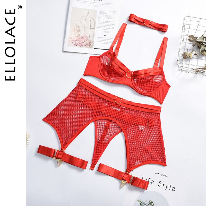 Four-Piece Set Erotic Lingerie Transparent Bra Kit Push Up See Through Lace Mesh Seamless Underwear Garters The Clothing Company Sydney