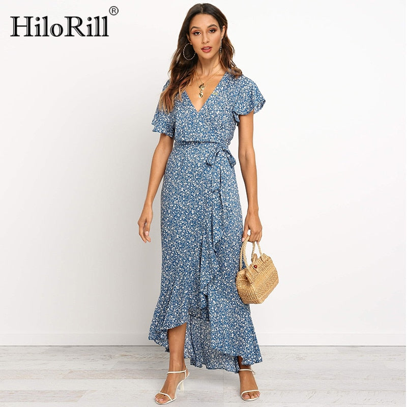 Summer Long Maxi Casual Boho Floral Print Beach V-Neck Ruffle Bodycon Wrap High Slit Party Dress The Clothing Company Sydney