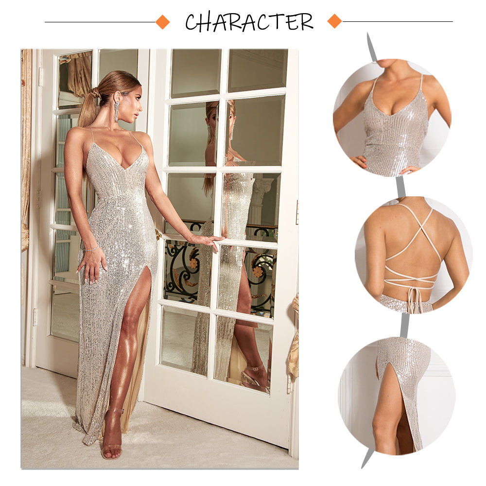 Sexy V Neck Lace Up Sequined Cocktail Party Dress Backless Split Leg Sleeveless Summer Long Dresses Evening Wedding Gown The Clothing Company Sydney