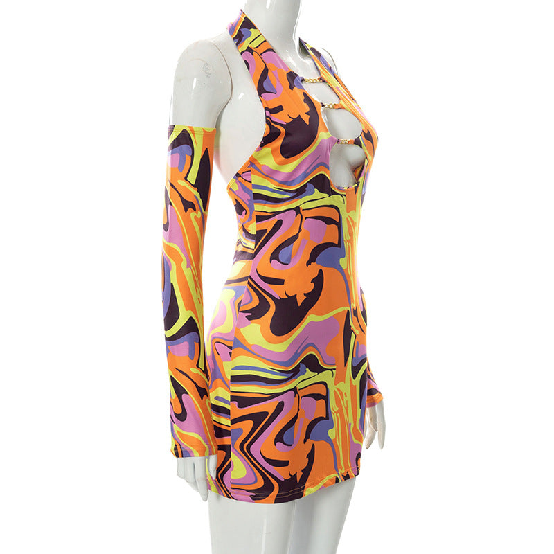 Print Halter Neck Cut Out Bodycon Mini Half Sleeve Backless Stretchy Summer Y2K Dress The Clothing Company Sydney